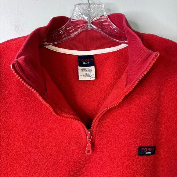 VTG Tommy Hilfiger Jeans Red Fleece 1/4 Zip Pullover Jacket Sweatshirt Mens Sz L - Picture 4 of 12